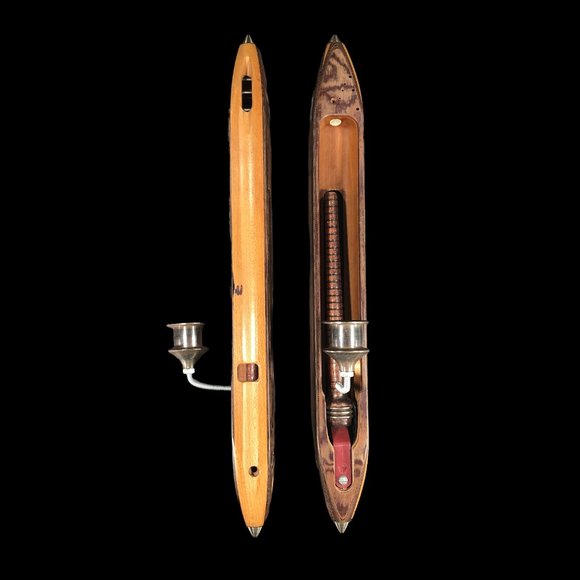 2ct VTG Candleholders Bullet Boat Shuttle Spool Wood Loom Weaving Cotton Mills - Picture 2 of 13